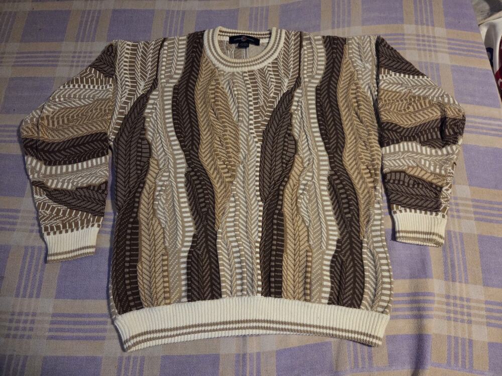 VTG Cotton Traders Coogi Style Sweater Brown Tan 3D Medium Cotton Earth Tones